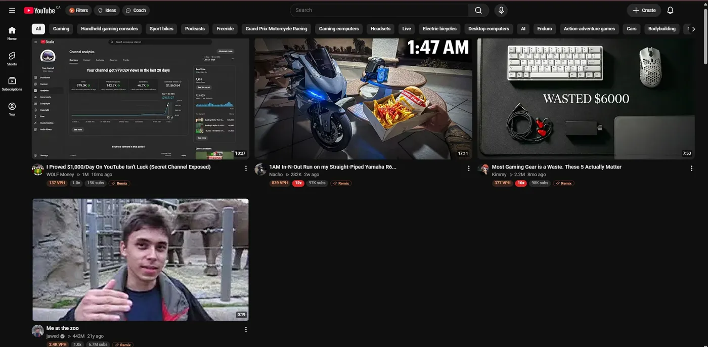 YouTube feed with VidLyft views per hour and outlier badges