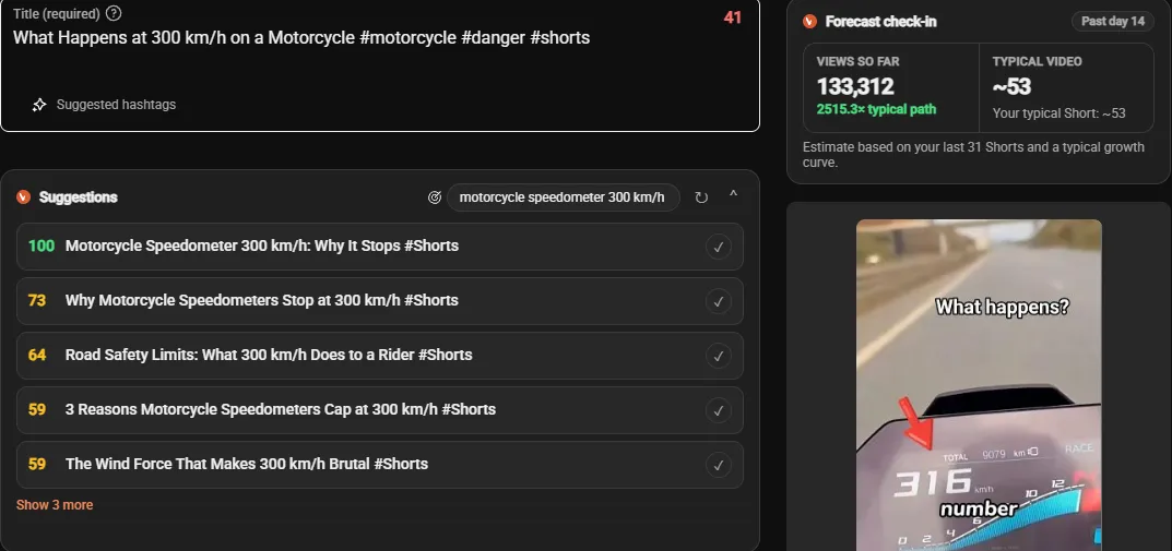 YouTube Studio with five VidLyft AI title suggestions scored 100, 73, 64, 59 and 59, next to a forecast check-in